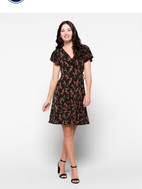 Kaileigh Black Wrap Mini Dress with Pink Floral Print